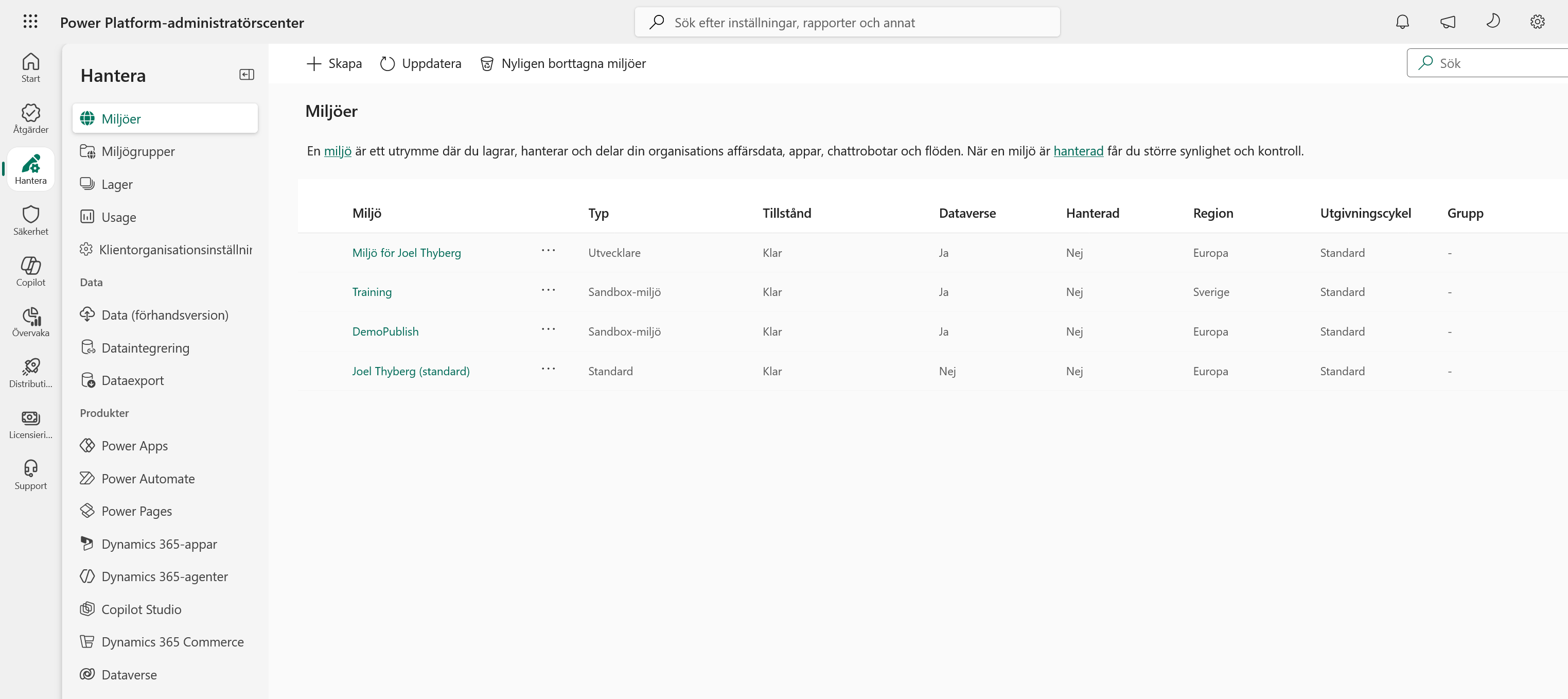 Lista över miljöer i Power Platform-administrationscentret