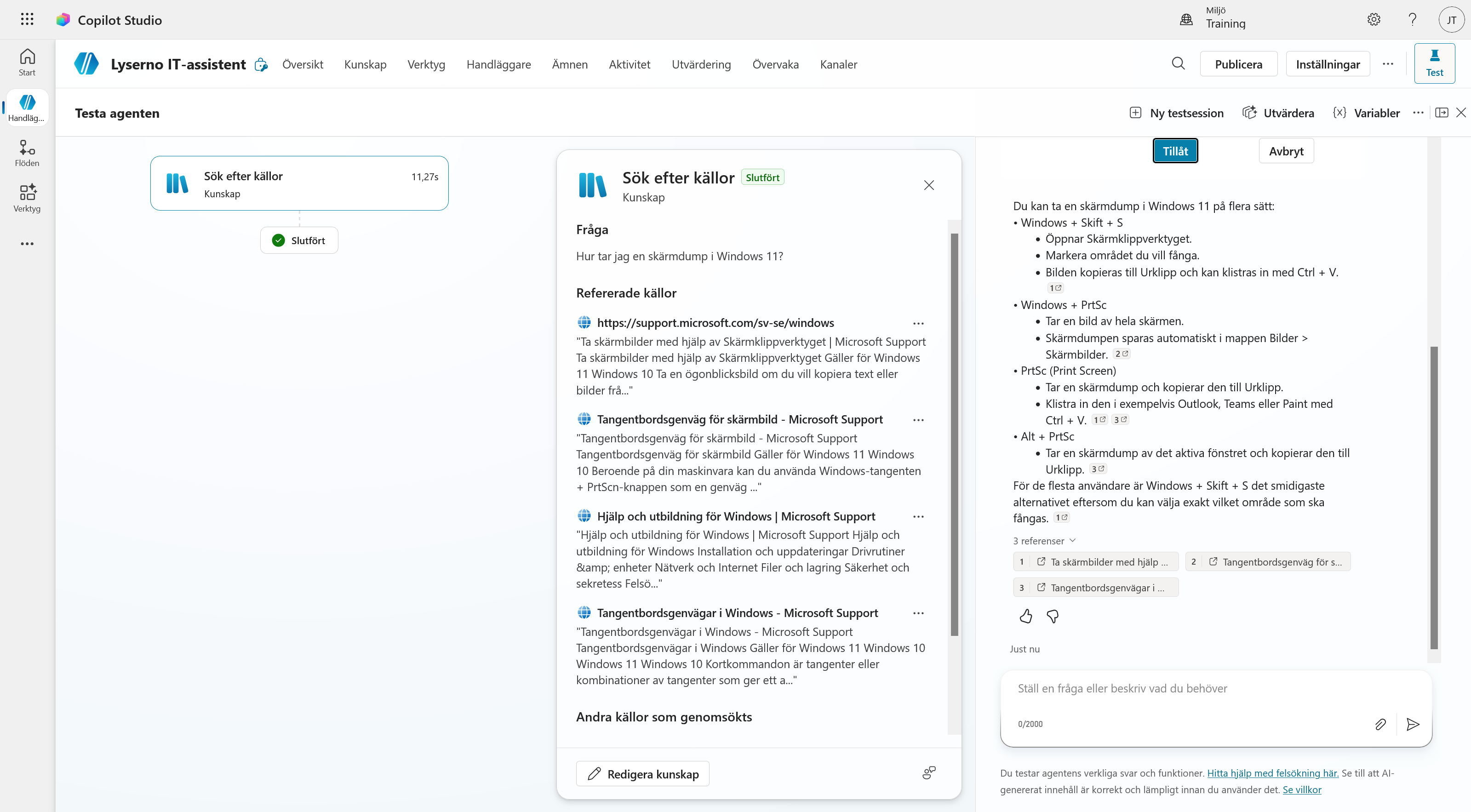 Agenten använder Microsoft Support för att svara om skärmdumpar