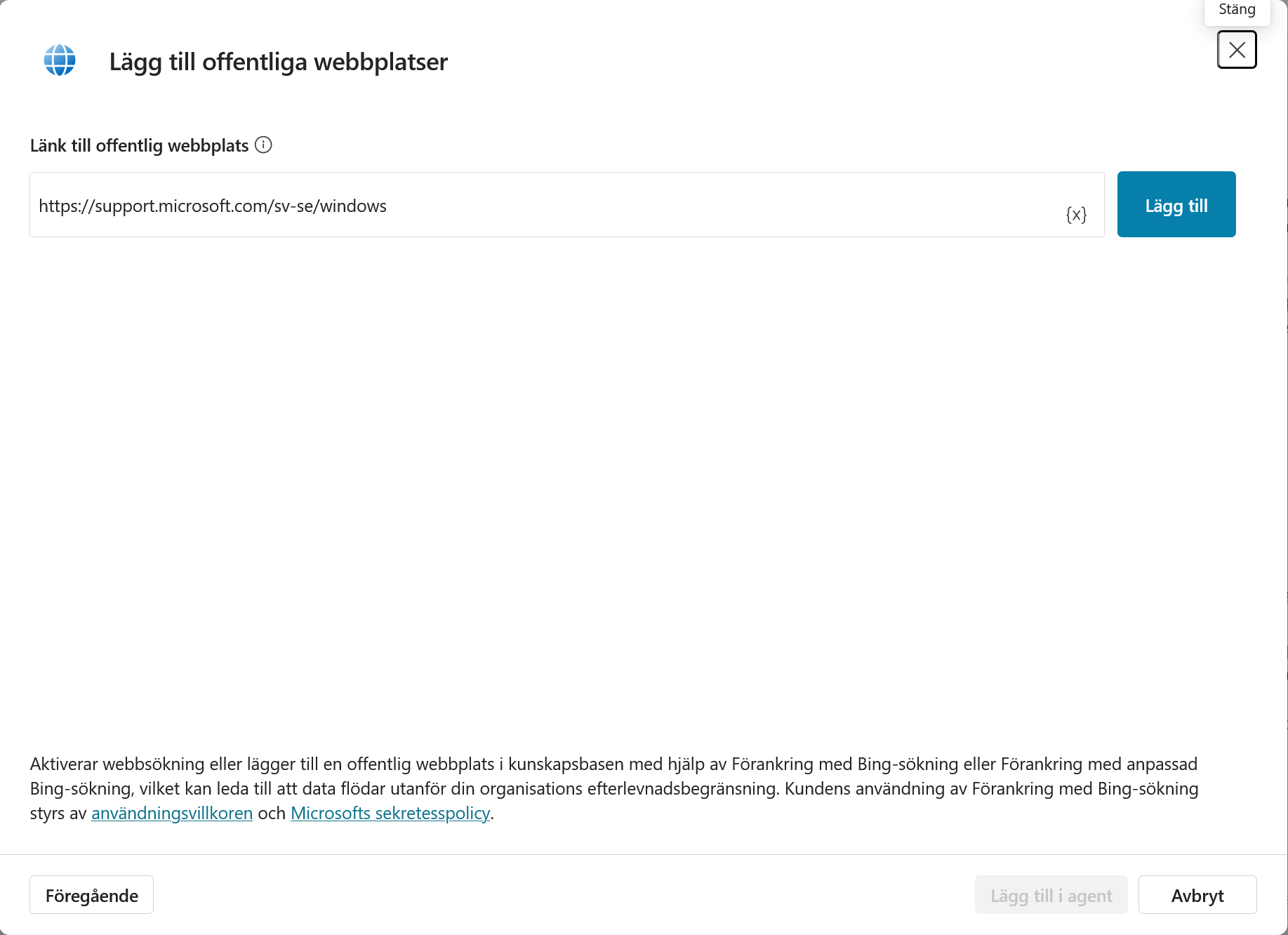 Ange adressen till Microsoft Support