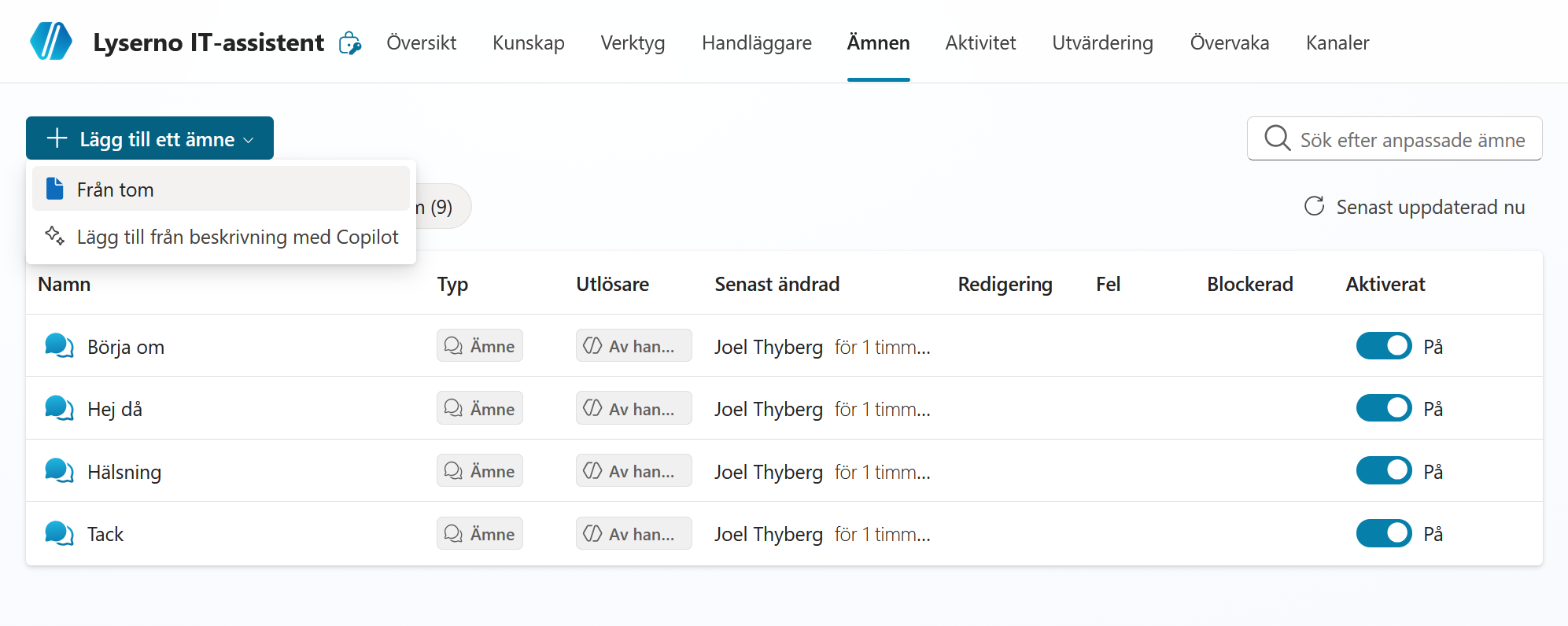 Menyn Lägg till ett ämne med alternativet Från tomt