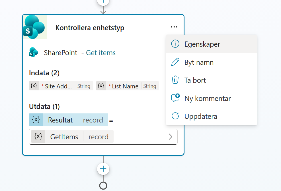 Menyn på SharePoint-noden med alternativet Egenskaper