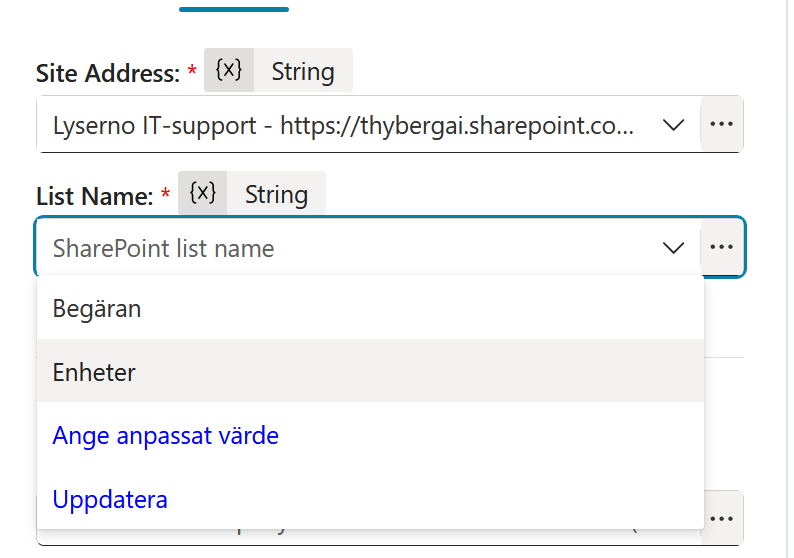 Val av SharePoint-listan Enheter