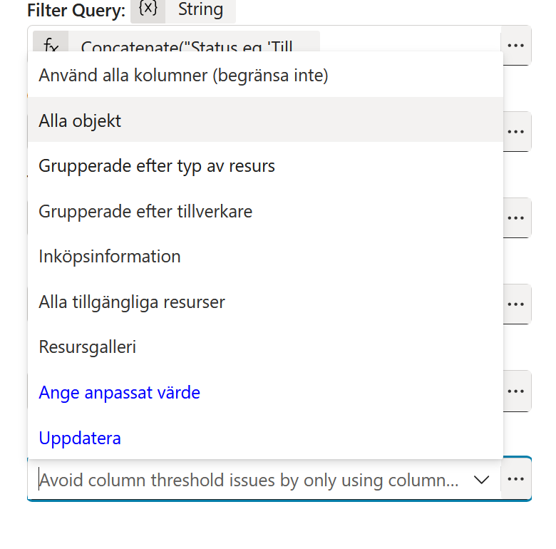 Vyn Alla objekt vald för Limit Columns by View