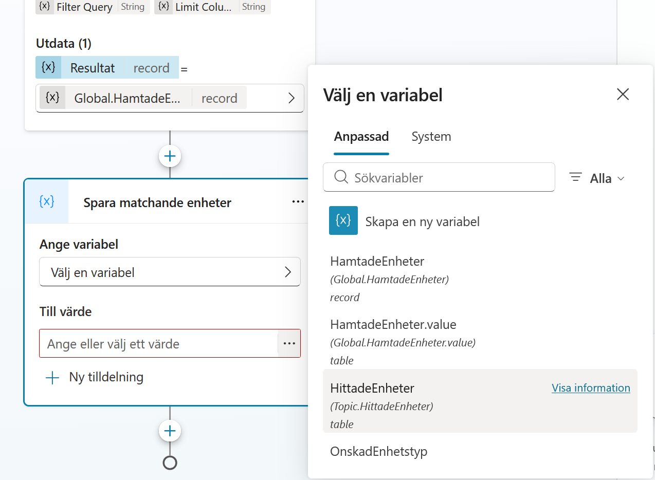 Utdatavariabeln HittadeEnheter vald i noden