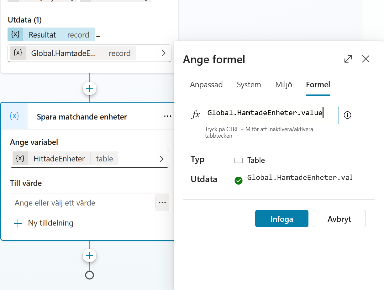 Formeln som kopplar SharePoint-raderna till ämnets utdata