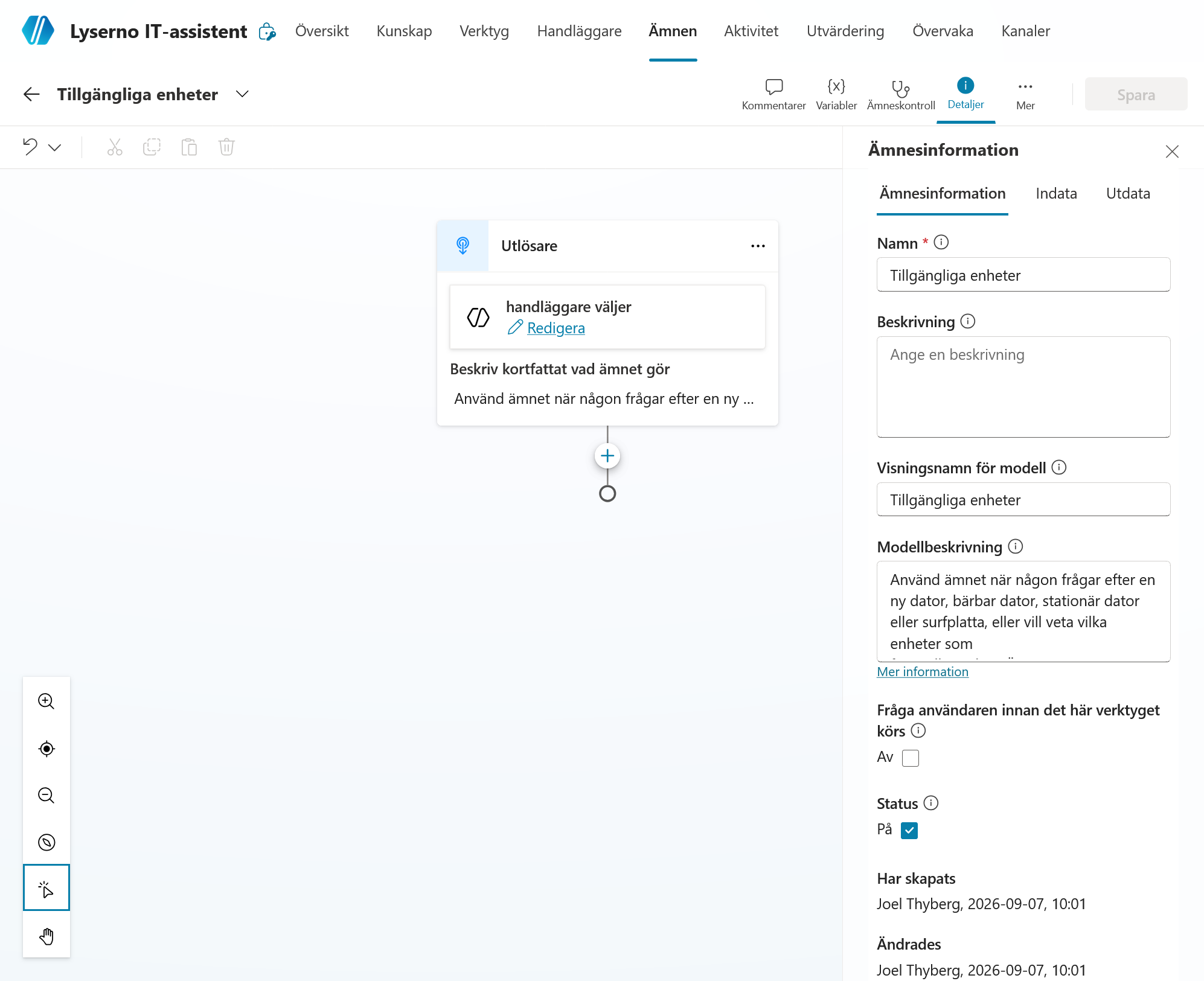 Detaljpanelen med flikarna Ämnesinformation, Indata och Utdata