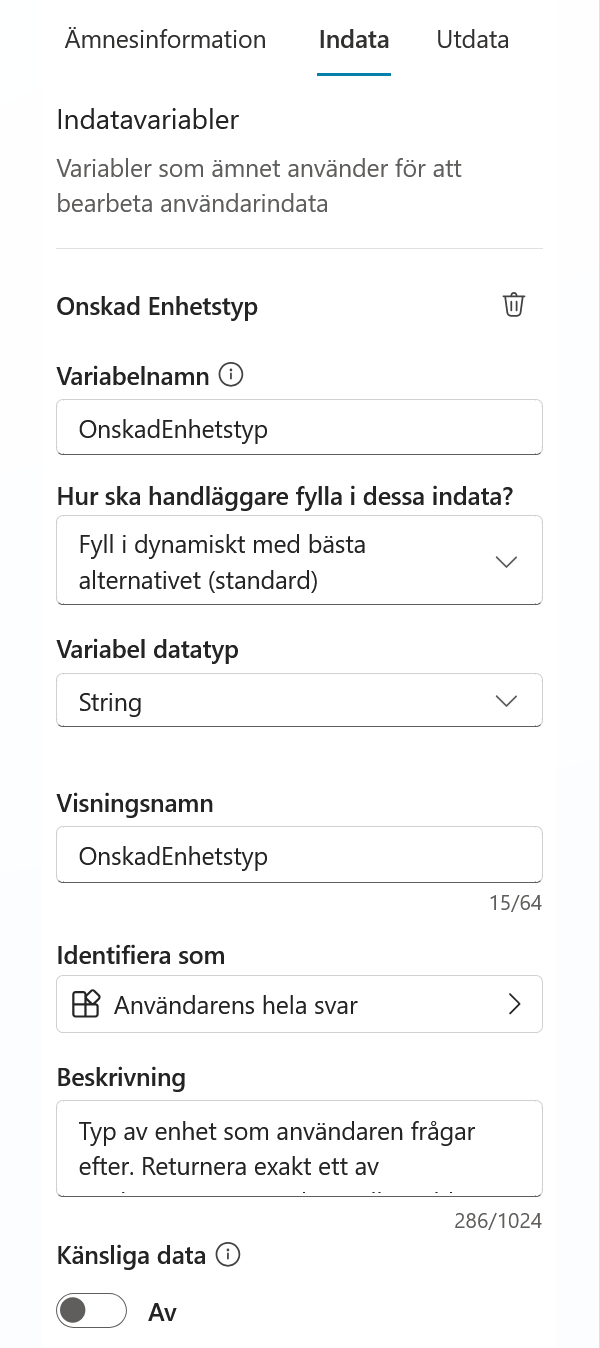 Den färdiga indatavariabeln med beskrivning