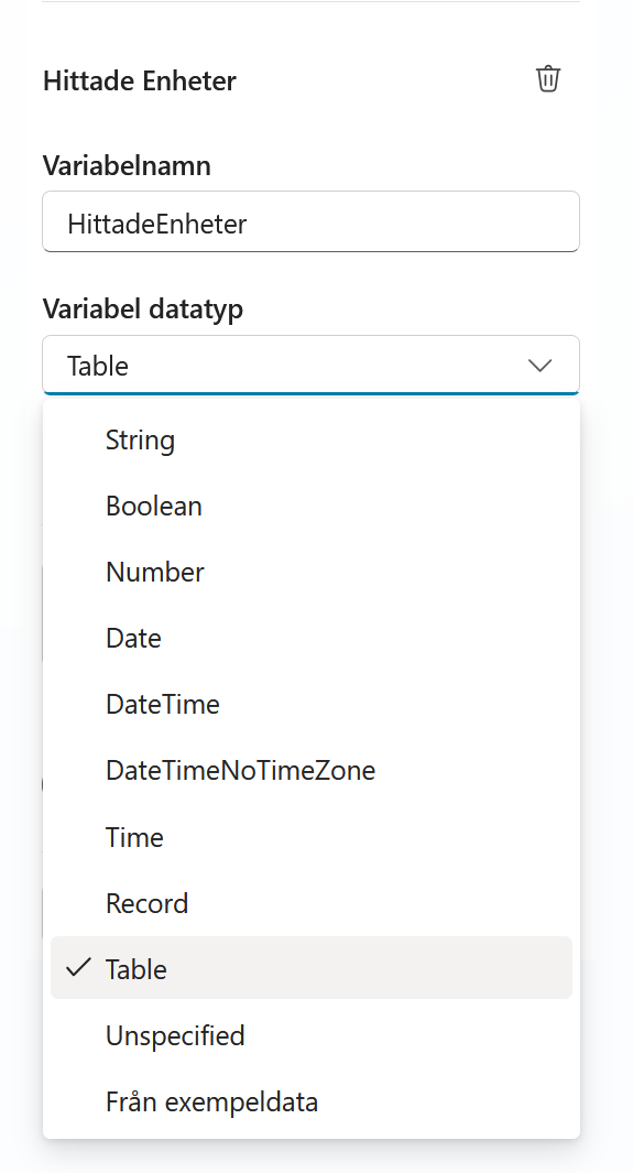 Utdatavariabeln HittadeEnheter med datatypen Tabell vald