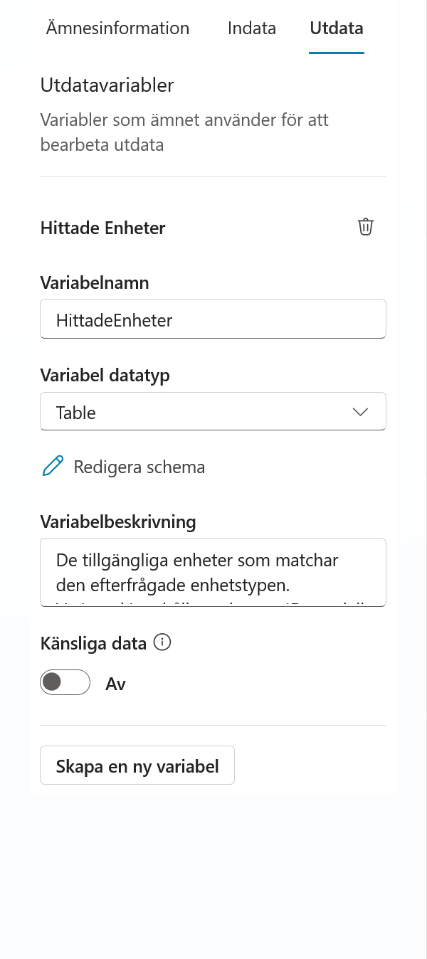 Den färdiga utdatavariabeln med beskrivning