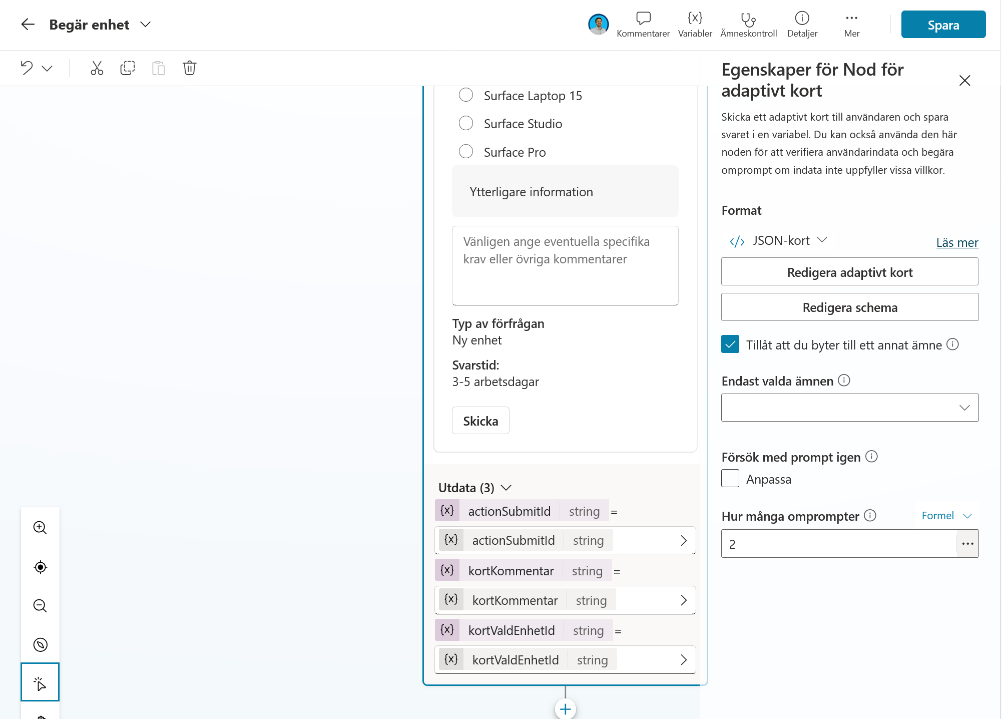 Det adaptiva kortets tre utdatavariabler