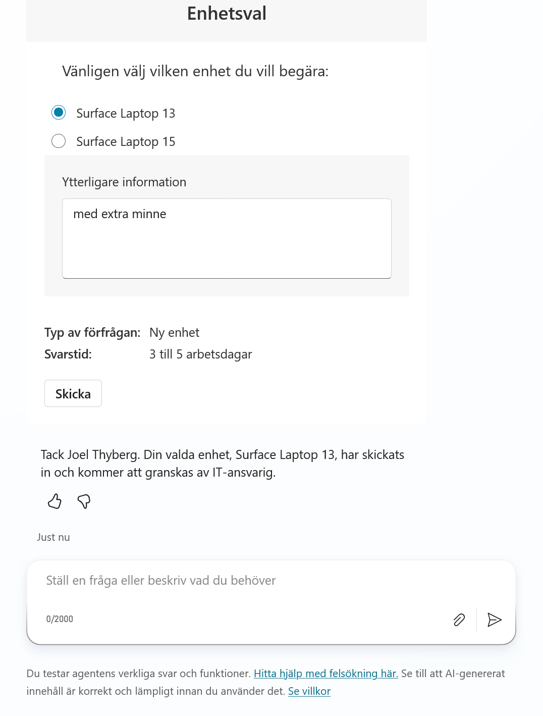 Agentens bekräftelse efter att kortet har skickats