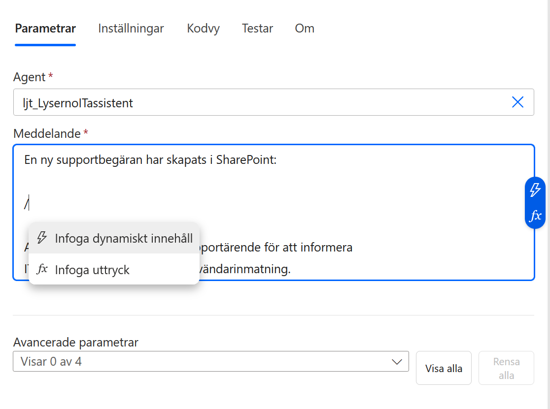Välj Infoga uttryck i meddelandet