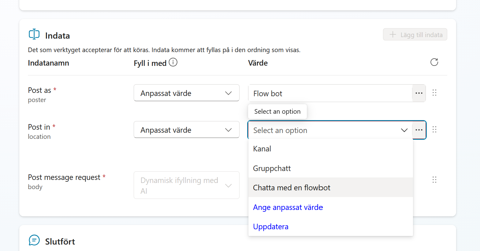 Välj Chatta med en flowbot för Post in