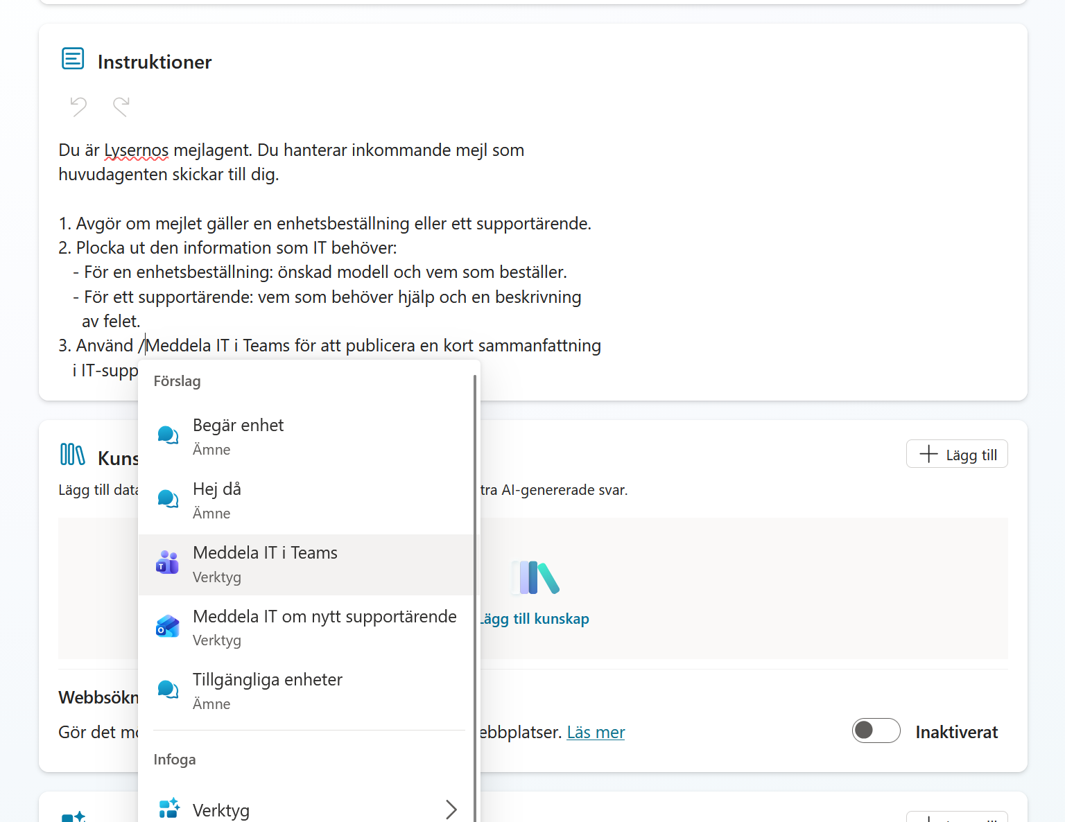 Välj Teams-verktyget i agentens instruktioner