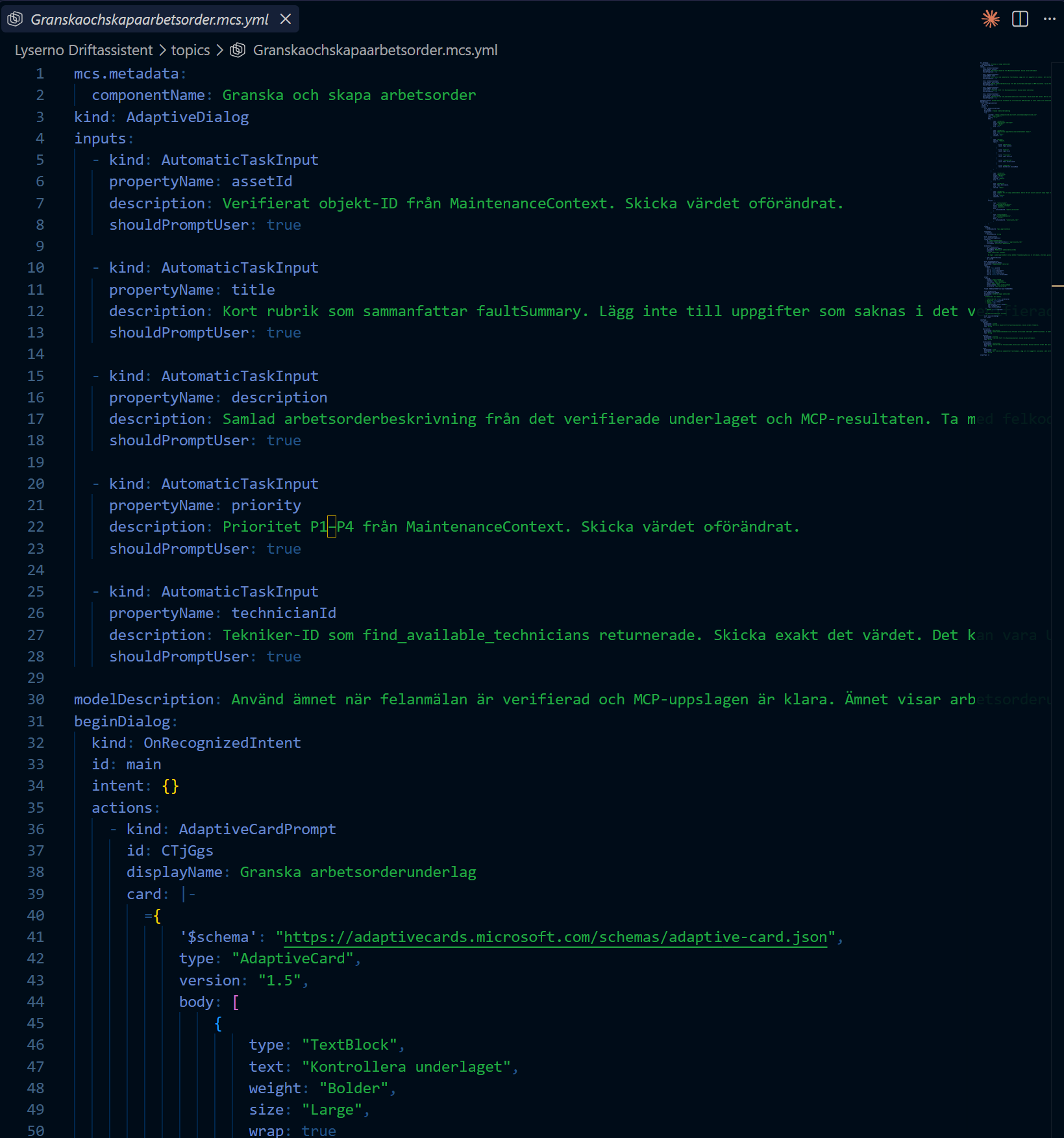Ämnet Granska och skapa arbetsorder öppnat som YAML i VS Code