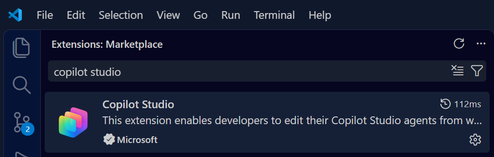 Sökresultatet för Copilot Studio i VS Code med Microsoft som utgivare