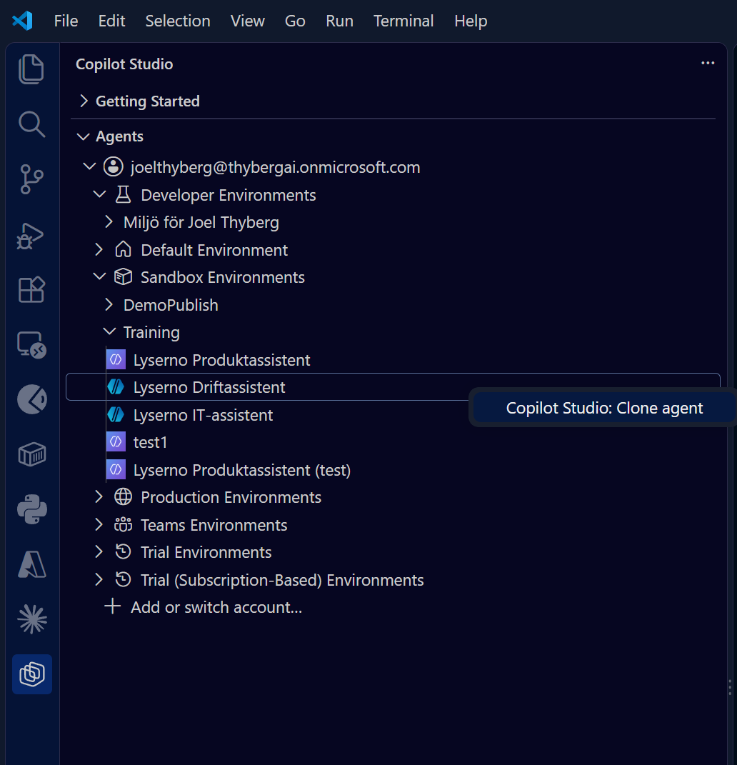 Välj rätt miljö och klona agenten från Copilot Studio-panelen i VS Code